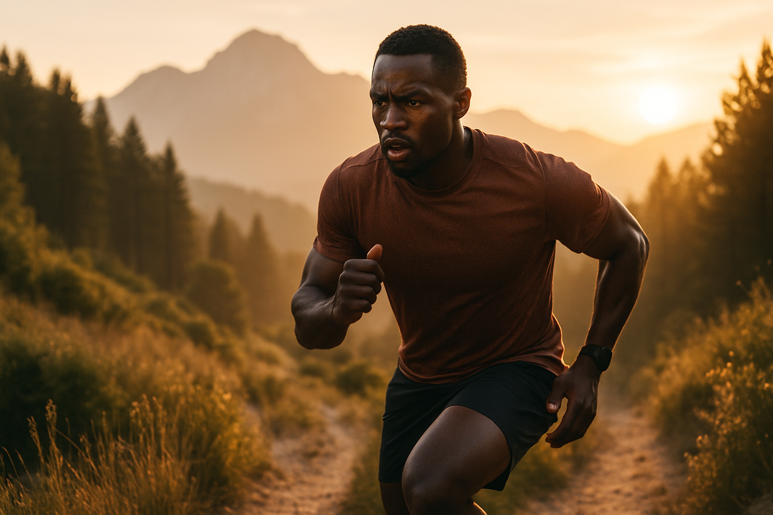 Make a photo of a black man in the outdoors that represnts dedication hardwork and self improvement
